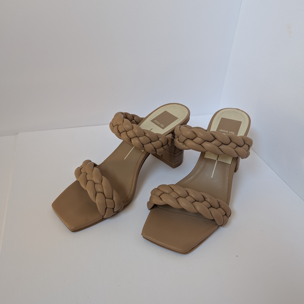 Dolce Vita Paily Tan Nude Braided Block Heel Sandals Square Toe